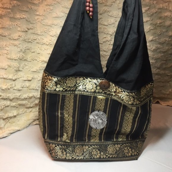 HOBO Hippie Bag 100% Cotton Metallic Handmade Elephant Emblem Black Gold - Picture 1 of 10